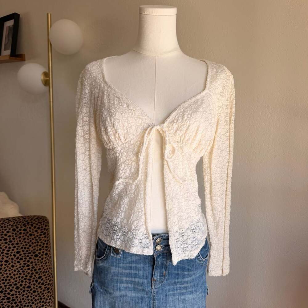 Self Esteem Ivory Floral Lace Long Sleeve Front Tie Top Medium Y2K Vintage